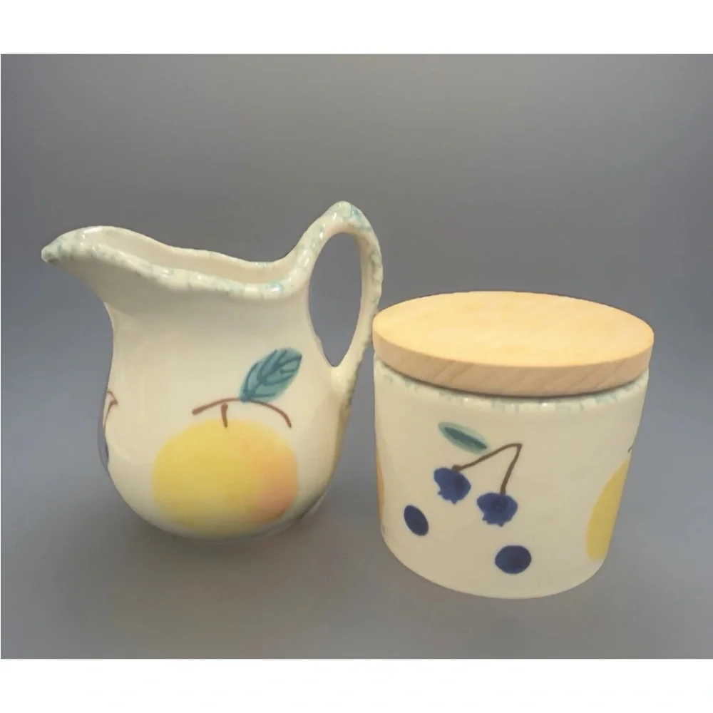 2pc Hartstone Pottery Fruit Salad Creamer and Sugar Jar Hand Painted Set of 2 - Picture 3 of 5